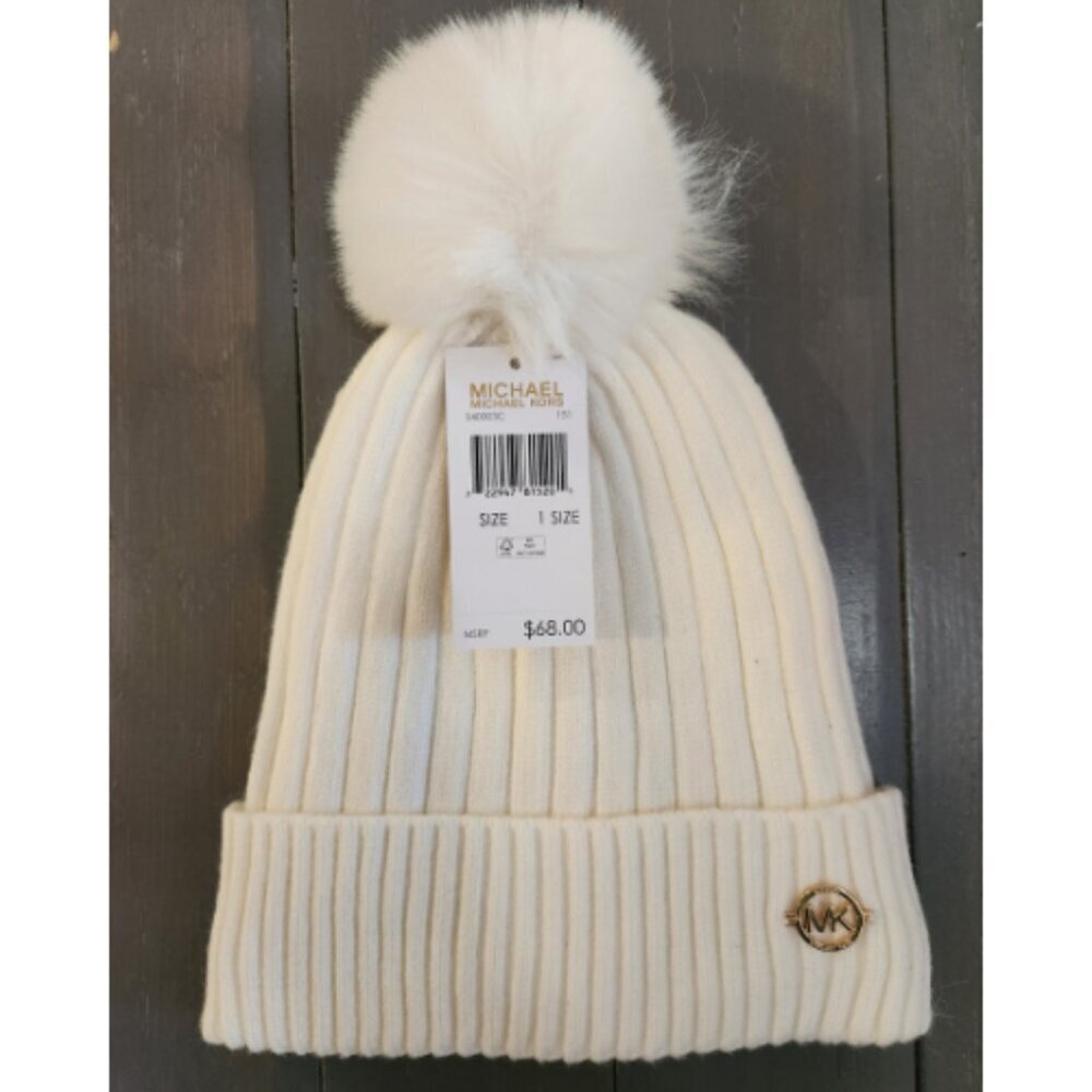 Michael Kors Women's Ivory White Pom Pom Ribbed Knit Cuffed Beanie Size OS - Picture 2 of 4